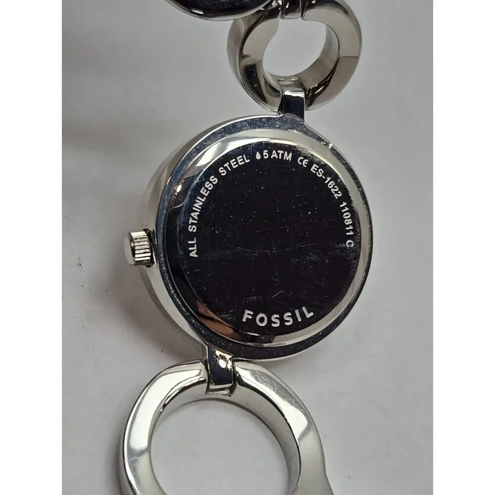 Fossil F2 ES1622 Womens Silver Circle Link Black Dial Watch Quartz New Battery